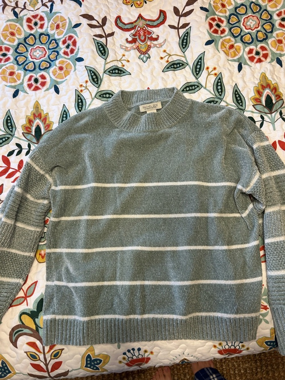 Rachel Zoe Sage Green and White Striped Crewneck Sweater